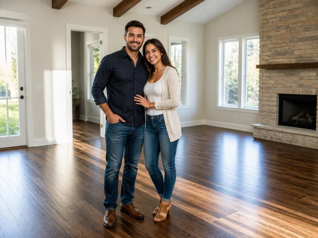 Happy homeowners in their living room with new flooring
