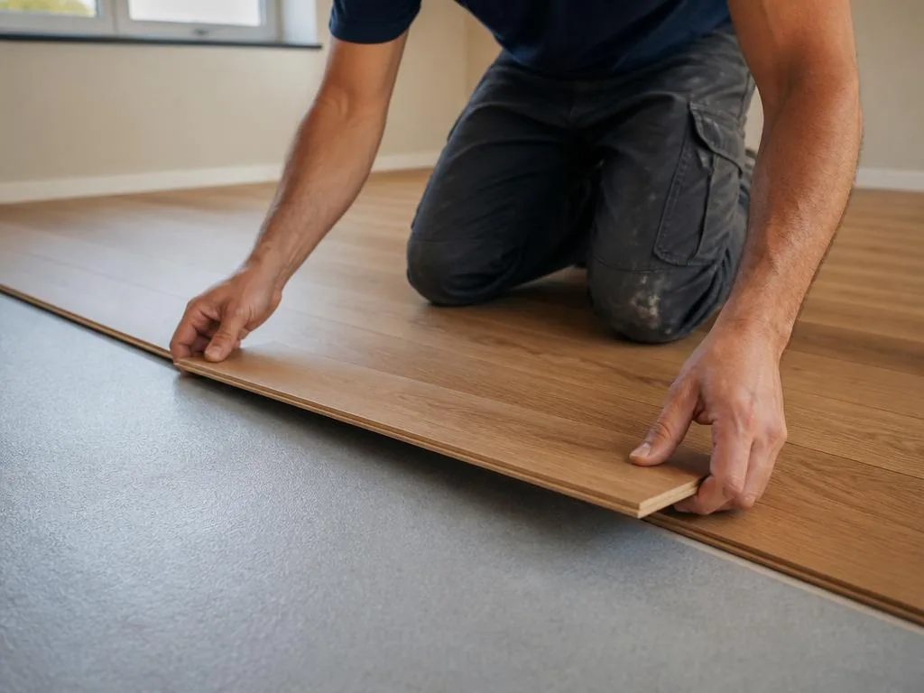 Professional flooring installer laying new plank flooring